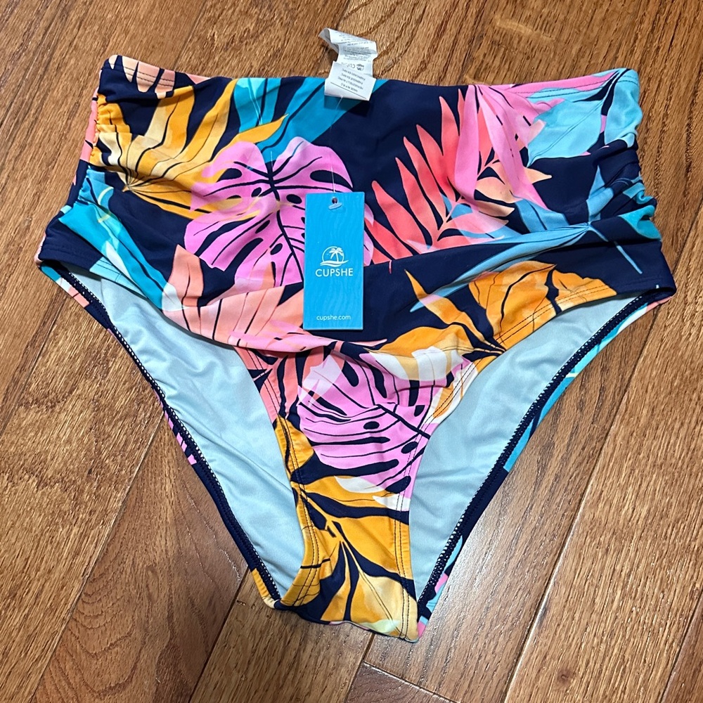 Cupshe Women's High-Waisted Bikini Bottom - Pink and Orange Tropical
